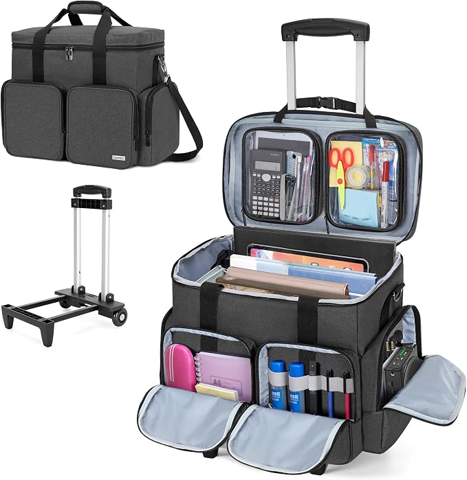 Rolling Teacher Tote Bag with 2 Detachable Pouches for Work, Black | Wheeled Teacher Uility Bag with 15.6" Padded Laptop Sleeve, Large Briefcase with Detachable Trolley for Women