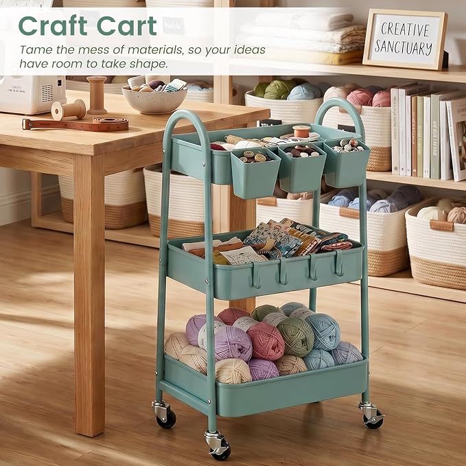 3-Tier Rolling Cart, Utility Cart Mobile Metal Rolling Storage Cart with Lockable Wheels & Hanging Cups & Hooks for Kitchen, Bathroom, Office, Workshop, Green