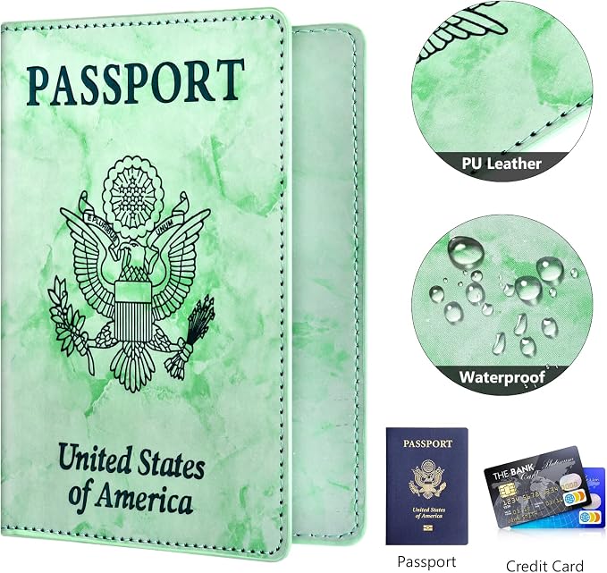 Eoehro Passport and Vaccine Card Holder Combo, Faux Leather, Compact, Lightweight, Waterproof, E-Marble Green
