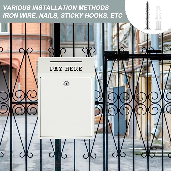 Yaocom Safe Metal Cash Box for Farm Stand – Money Drop and Secure Donation Collection, Wall Mount Lockable Unit with Pre Drilled Holes for Outdoor Self Serve(White,11.8 x 8.6 x 4.7 Inch)