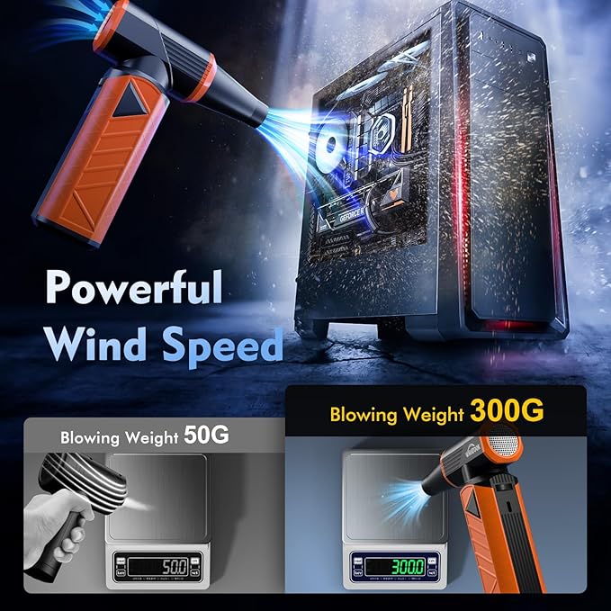 WHATOOK Updated Compressed Air Duster: Air Blower with Stepless Speed Regulation Mode, 180000RPM Electric Air Duster with Brushless Motor, Air Duster for Keyboard, PC, Car and Home Cleaning（Orange）