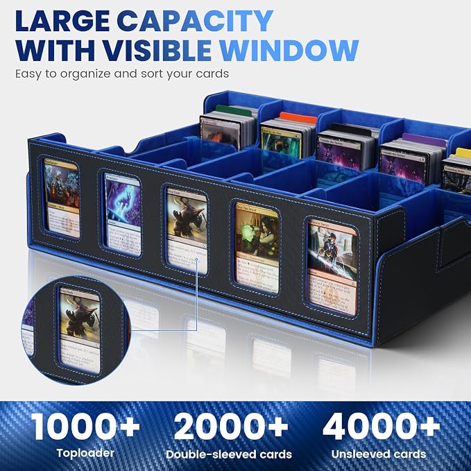 Trading Card Storage Box with Handle, 5-Row Portable Leather Game Case for 4000+ Cards,Blue Card Collection Box with Commander Display Window for MTG, Yugioh, and Sports Cards,Gifts for Card Collector