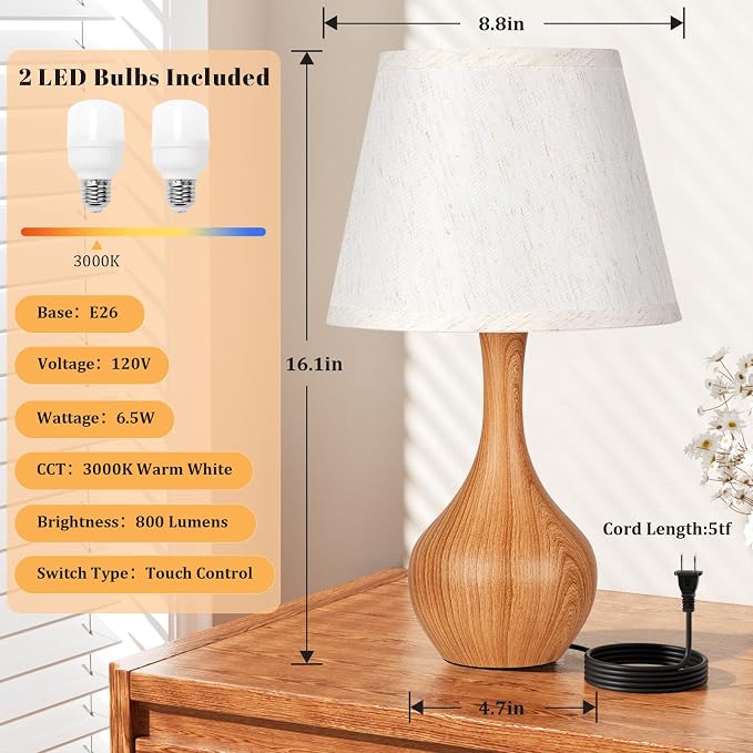 16.1" Touch Table Lamp for Nightstand, Dimmable Small Bedroom Lamp Set of 2 | Touch Control, Set of 2, Bulb Included, Wood-paint Bedside Lamps for Desk, Night Stands, Living Room, End Table, Corded