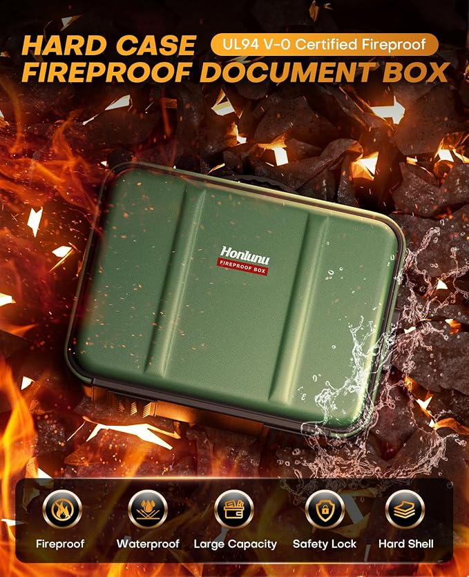 Fireproof Document Box with Lock, Hard Case Safe Box Water Resistant Document Organizer for Important Documents, Passports, Certificates & Cash, Portable File Storage for Home Office, Green