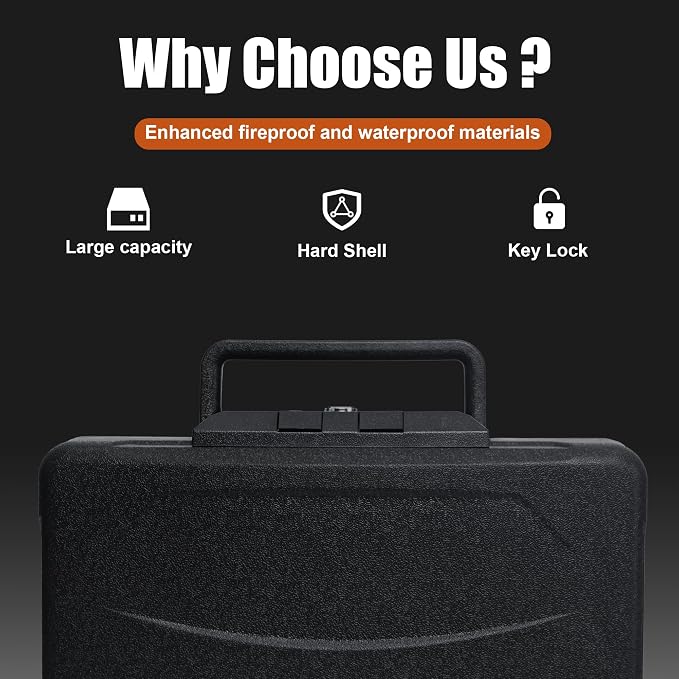 Fireproof Document Box with Key Lock – Large Portable Fire Safe for Home Documents – Waterproof & Fire Resistant Lock Box with Ergonomic Handle, 1 Hour at 1700°F, 72 Hours Waterproof