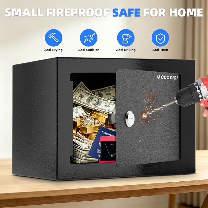 CDC DIGI Steel Security Safe Box with Key Lock,Safe Box for Home, Office, Money, Jewelry, Documents and Valuables, 0.23 Cubic Feet, 9.06" W x 6.69" D x 6.69" H, Black