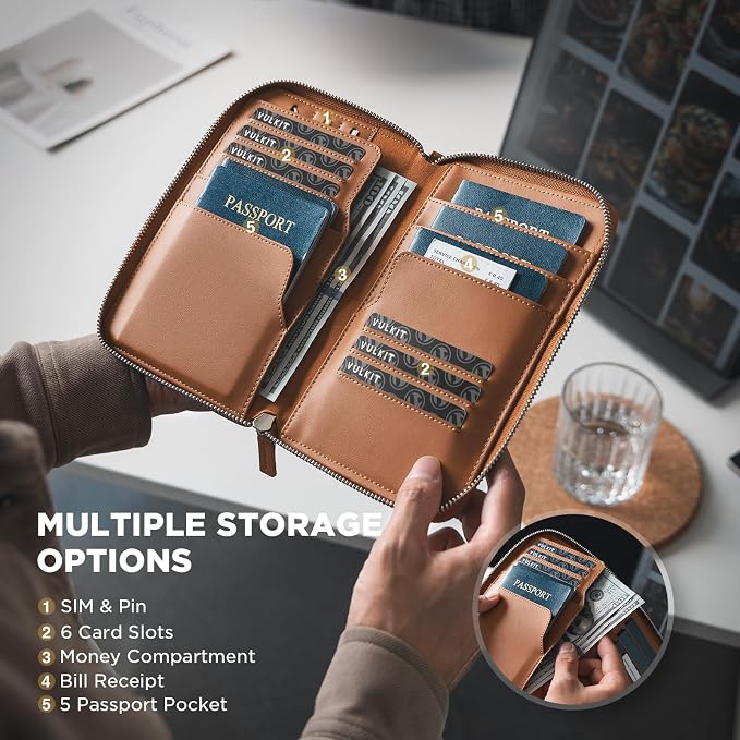 VULKIT Family Passport Holder for 4 Passports, RFID Blocking Travel Wallet | 6 Card Slots, 2 SIM Pockets, Secure Zipper Closure, Holds 4 Passports, Family Travel Essential