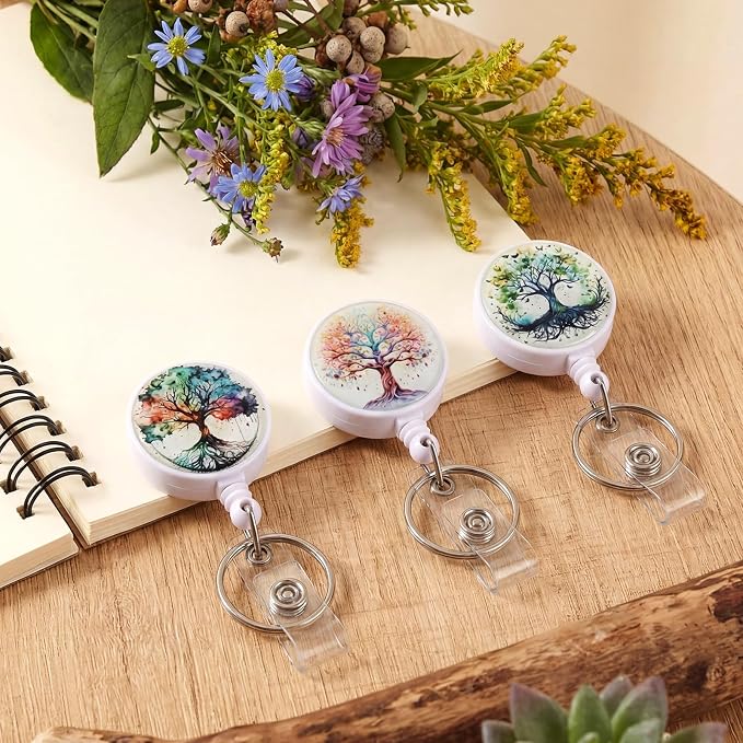 BESARME 3 Pack Badge Reels Retractable Badge Clip with Key Ring Retractable Badge Holders for Office Worker Teacher Nurse Student（Colorful Tree）