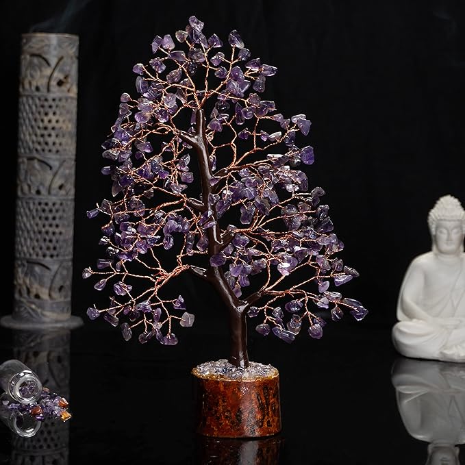 Crocon Amethyst Gemstone Tree Feng Shui Figurine Money Bonsai Chakra Balancing Good Luck Reiki Healing Crystals Decoration Ornament Sculpture Prosperity Table Decor Gift Size 10-12"""