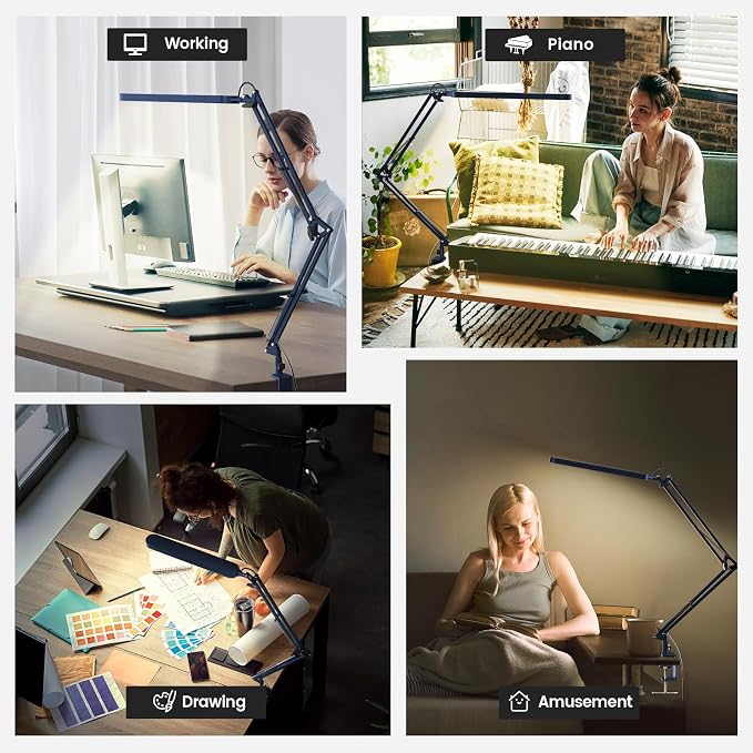 Desk Lamp - LED Desk Light - 5 Color Modes X 11 Brightness Levels - Adjustable Swing Arm - Timmer & Memory Function - 12W Lamp for Desk - Blue