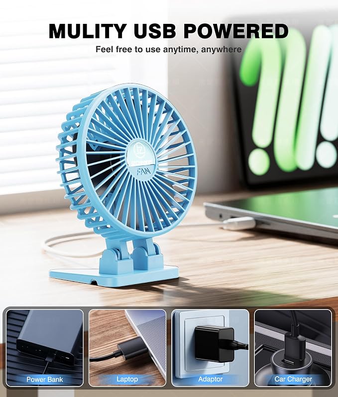 JZCreater USB Desk Fan, Mini Fan Portable, 3 Speeds Desktop Table Cooling Fan, Plug in Power Fan, Rotation Strong Wind, Quiet Personal Small Fan for Home Desktop Office Travel Bedroom, Blue