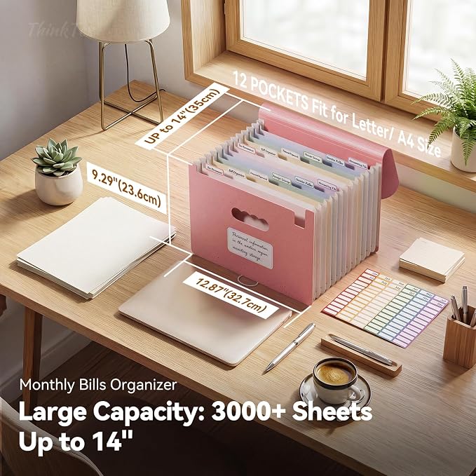 ThinkTex 12-Pocket Accordion File Organizer, Letter & A4 Size, 16 Colors | for Paper Receipts, Bills&Taxes Organizer, Portable Letter/A4 Size Document Holder for School, Office, Home