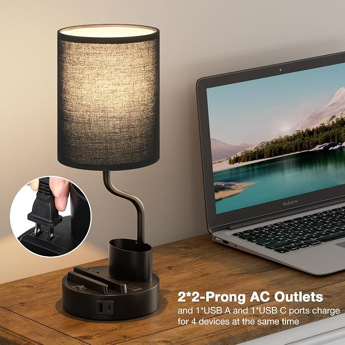 Bedside Lamps for Bedroom Set of 2 - Table Desk Lamp for Nightstand | 15" Table Lamp for Living Room with Pen Holder & Phone Stand, USB A+C Port, AC Outlet, 3 Color Temperature, LED Bulb Included