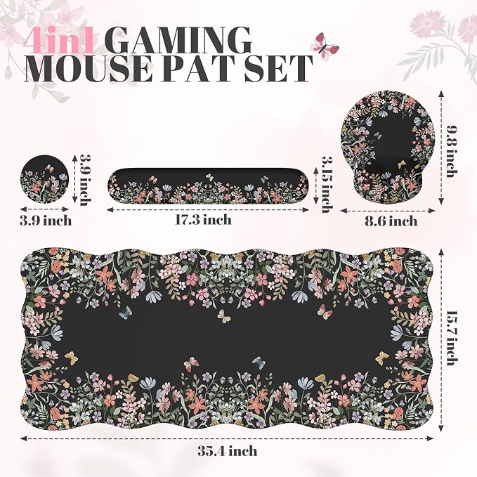 iCasso Black 4in1 Mousepad, 35.4"x15.7" Desk Blotter for Classroom | Workspace Ergonomic Desk Pad Featuring Keyboard Wrist Rest, Girly Mousepad Set for Students Travel Home Office