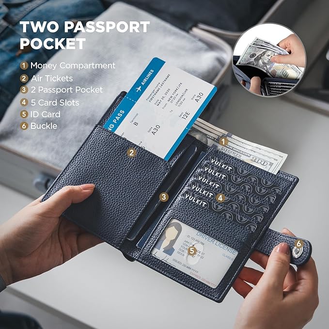 VULKIT Dual Passport Wallet for 2 Passports Airtag Holder RFID Blocking Travel Wallets
