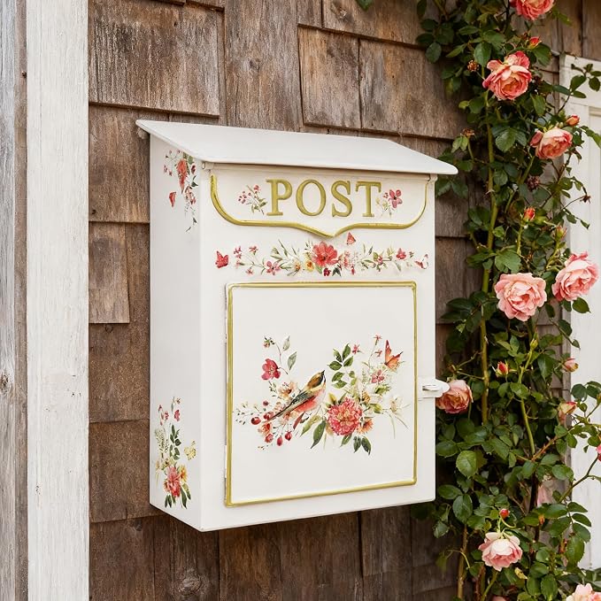 Mailbox Wall Mount Mailboxes for Outside Vintage Mail Boxes for House Outside Metal Drop Box Antique Style Nostalgic Charm Home Decorative, Flower Pattern Pink