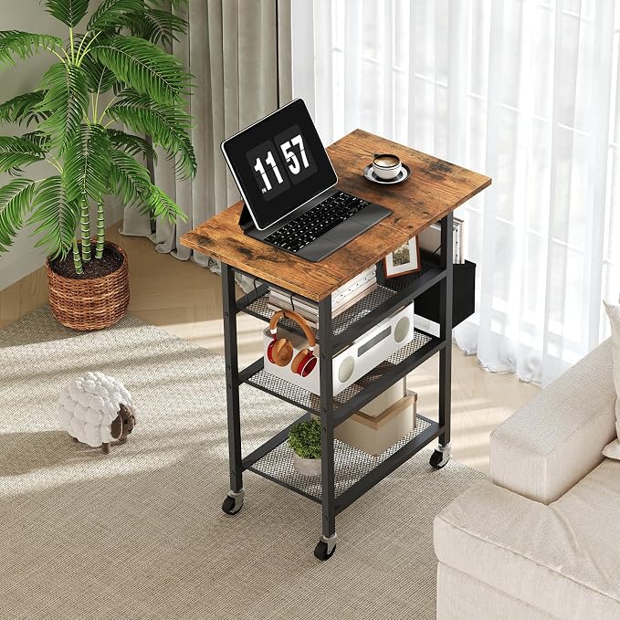 MAHANCRIS 4-Tier Printer Stand, Rolling Printer Table on Wheels, Industrial Storage Stand with Side Pocket, Wooden Tabletop, 2 S-Shaped Hooks, for Home Office, Rustic Brown and Black PTHR2601