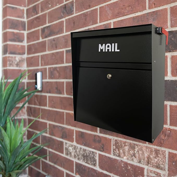 Locking Wall-Mount Large Mailbox with Outgoing Mail Flag | Galvanized Steel Rainproof Outdoor Mailbox for Homes, Apartments, Offices & Businesses, Black