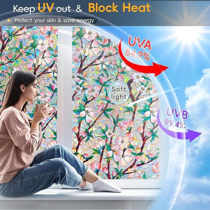 Rainbow Window Privacy Film Decorative, 3D Decals Stained Glass Clings, Static Cling Sticker, Suncatcher Windows Cover Tint for Home, 29.5 Inch x 157.4 Inch