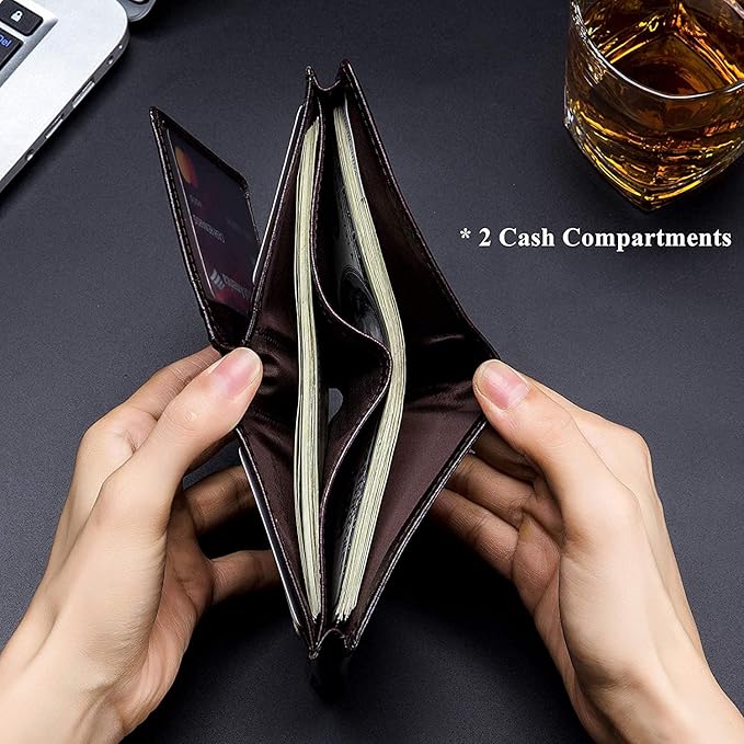BULLCAPTAIN Large Capacity Genuine Leather Wallet for Men QB-027 | Bifold Wallet,RFID Blocking,Credit Card Holder,15 Card Slots,Special Expandable Design,gift choice