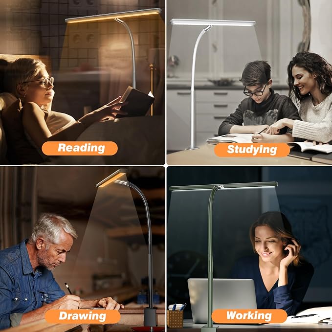 Airlonv LED Desk Lamp with Clamp, 17" Stepless Dimming Light, Grey | 2700K-6500K, 100 LEDs, 360° Gooseneck, Fits Up to 30" Monitors, Flicker-Free Lighting for Home Office, Study& Workbench