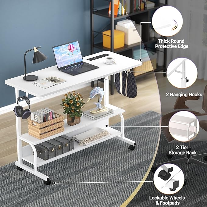 Armocity Height Adjustable Standing Desk with Power Outlets, 39" Manual Stand Up Desk with Storage Shelves Small Mobile Rolling Computer Desk Portable Laptop Table with Wheels for Home Office, White