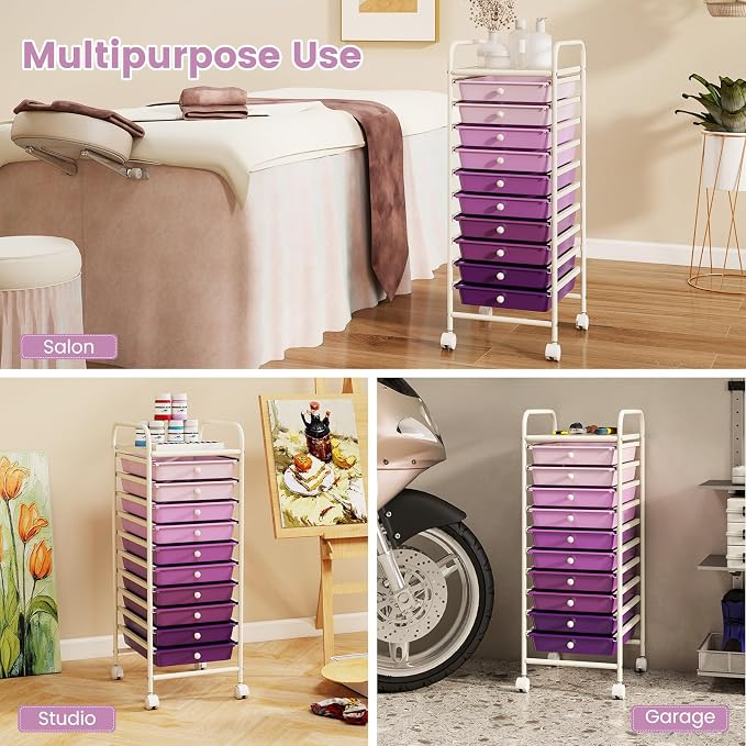 GLACER 10 Drawers Rolling Cart, Storage Cart with w/Removable Drawers & Steel Frame, Utility Mobile Trolley w/Universal Casters & 2 Brakes, Organizer Cart for Home, Office (Purple Gradient)