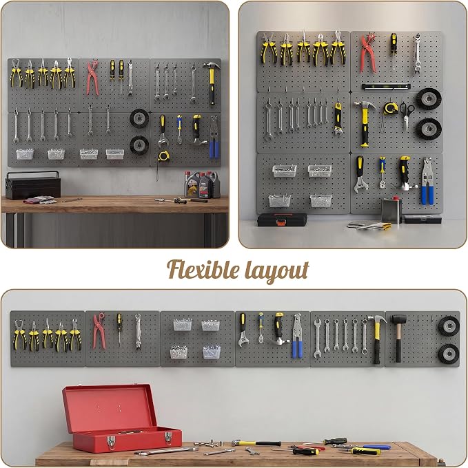 Peg board, Metal Pegboard for Tools, 4 Pack Gray Wall Organizer with Hooks | 12"x16" steel panels with 36 hooks, 6 bins and peg locks for garage tools, kitchen, office and craft storage