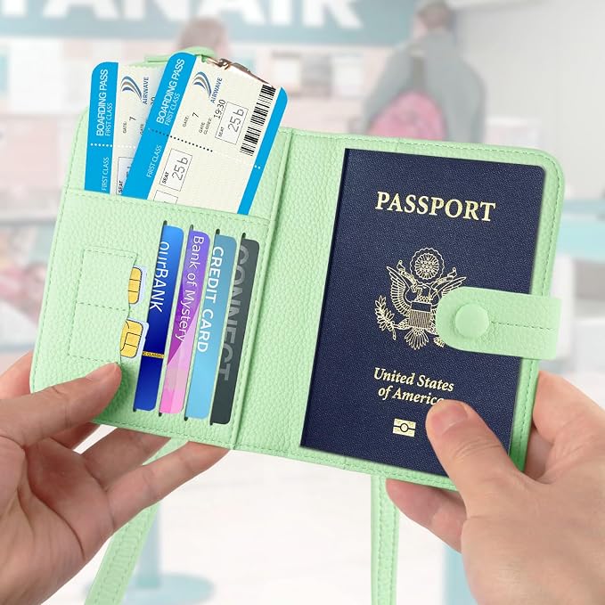 Passport Holder RFID Protected Wallet and Luggage Tag with Protection Cover Travel Accessories Leather Card Case Organizer for Women Men (Green)