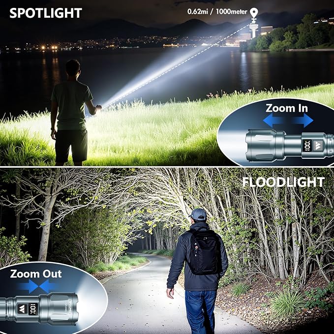 WdtPro Rechargeable Flashlights 2 Pack, Powerful Handheld Flashlight - Grey | LED High Lumens, LCD Battery Display, Zoomable 3 Modes, IP65 Waterproof, Tactical, For Home Emergencies Camping Outdoor