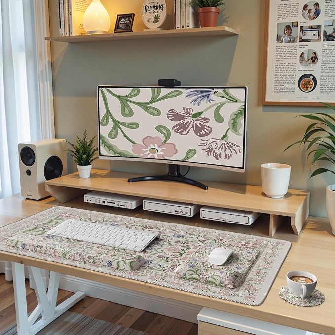 iCasso Mouse Pad with Wrist Rest, Large Desk Mat Set, Purple | Ergonomic Keyboard Pad with Wrist Support, Non-Slip Mouse Mat for Women, Cute Floral Computer Mat for Home Office Gaming