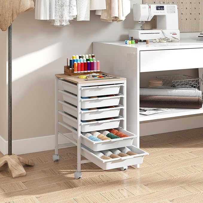 Giantex Rolling Storage Cart with 6 Drawers, Utility Cart w/Wooden Tabletop, Lockable Wheels, Multipurpose Organizer for Art Craft Books Paper, Drawer Carts for Dorm Classroom Office, White