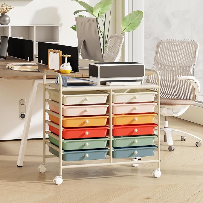 RELAX4LIFE 12-Drawer Rolling Storage Cart - Mobile Utility Cart on Wheels for School Classroom Teacher Office Salon, Paper File Art Supply Craft Organizer, Rolling Cart with Drawers (Macaron)