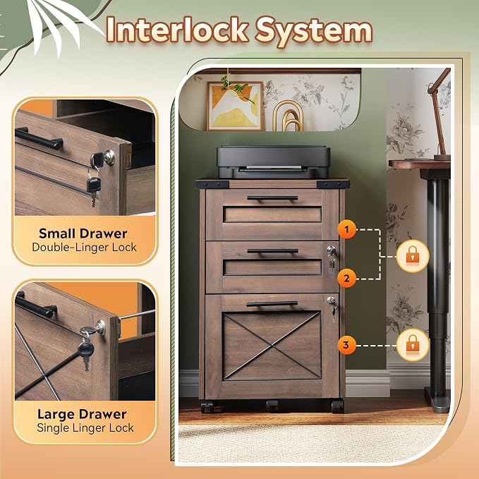 DEVAISE 3 Drawer Under Desk File Cabinet with Lock, Dark Brown | Farmhouse Style, Mobile Drawer Storage Cabinet, Rolling Printer Stand, Fits A4 or Letter-Size, Home Office