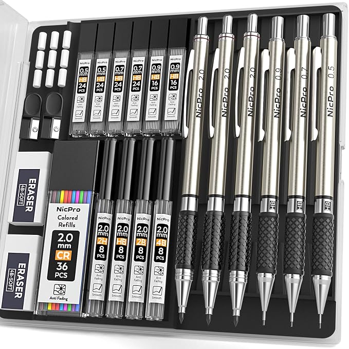 Nicpro Art Mechanical Pencil Set in Storage Case, Metal Drawing Pencil 6PCS | 0.5-2.0 mm Led Pencil + (4B 2B HB 2H Colors) Pencil Lead Refill, Comfort Grip for School Writing, Artist Drawing Sketching