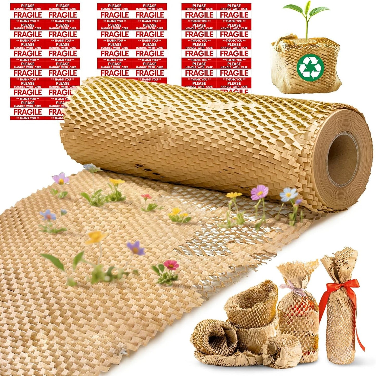 Honeycomb Packing Paper, 12"x200' Brown | Perforated Honeycomb Packing Paper Recyclable Moving Supplies for Shipping & Moving | Plastic-Free Alternative to Bubble Cushion Wrap with 36 Fragile Stickers