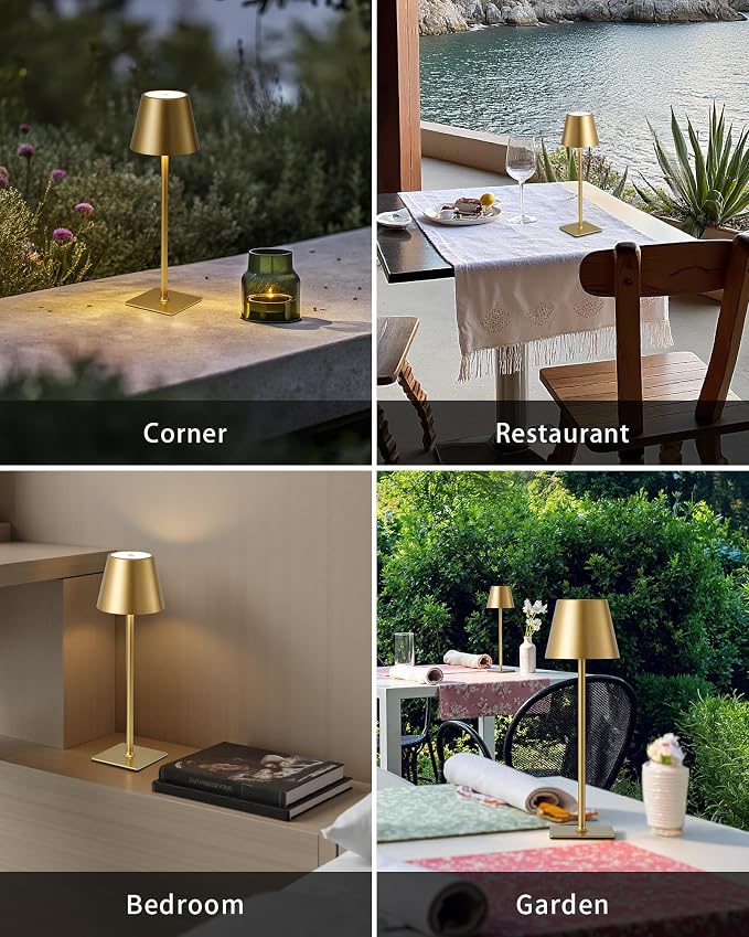KDG Gold Cordless Table Lamps Set of 2, 4000mAh Rechargeable LED Desk Lamp | Portable, Battery Operated, 3 Color Stepless Dimming, for Restaurant, Outdoor Camping, Coffee Shop, Bedroom, Night Light