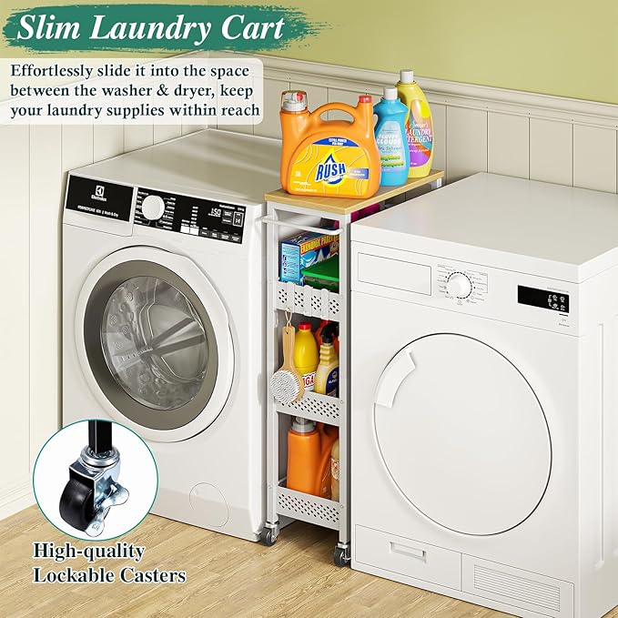 OKZEST 4-Tier Slim Rolling Storage Cart for Laundry Room, Bathroom, Kitchen | Upgraded metal hub casters, Narrow utility cart for small space/gaps, Premium wood top & metal mesh shelf, with handle & hook
