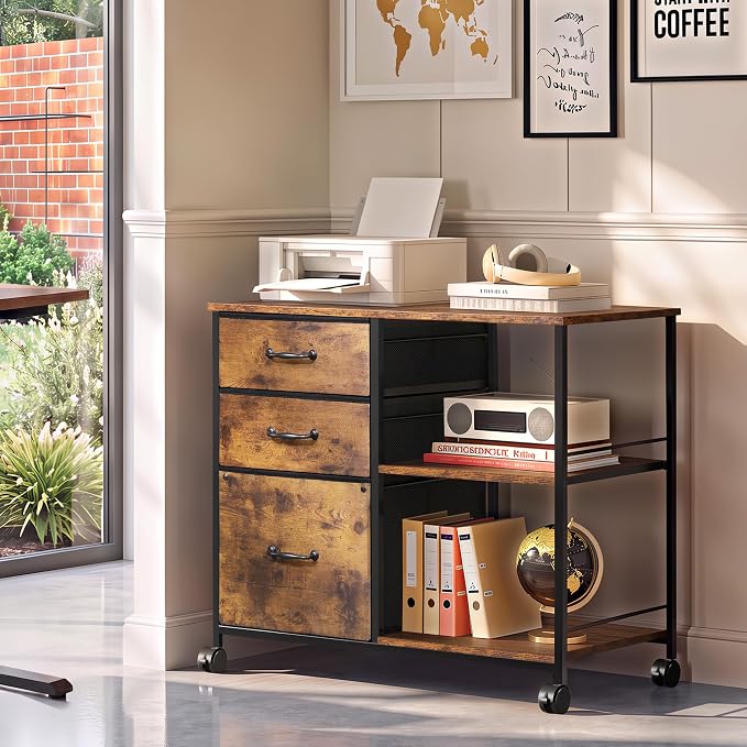 DEVAISE 3 Drawer Mobile File Cabinet with Open Storage Shelf | Rolling Printer Stand, Fabric Lateral Filing Cabinet fits A4 or Letter Size for Home Office, Rustic Brown Wood Grain Print