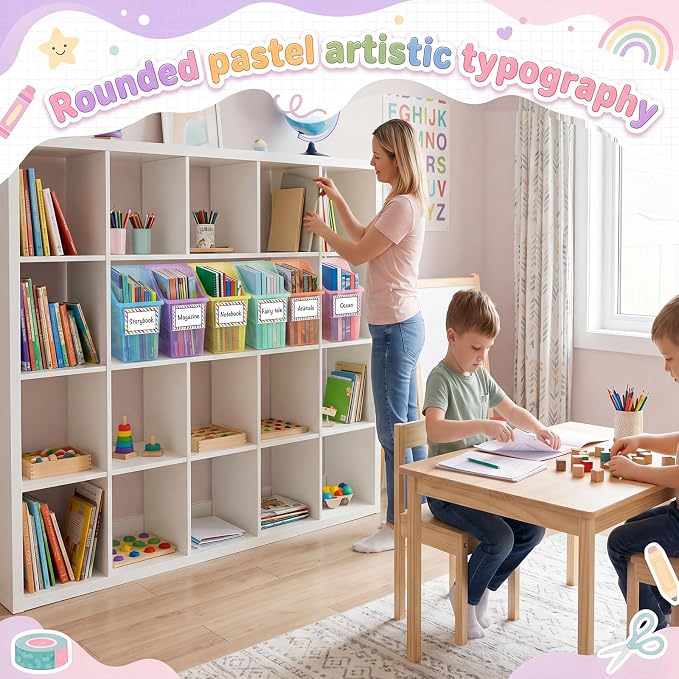 Blosssound 12 Set Book Bins for Classroom Stackable,Translucent Pastel | Plastic Baskets with Labels, Slanted Front, Library Supplies Organizers, Desktop Storage Bins, Teachers Home School Use