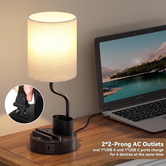 Bedside Lamps for Bedroom Set of 2 - Table Desk Lamp for Nightstand | 15" Table Lamp for Living Room with Pen Holder & Phone Stand, USB A+C Port, AC Outlet, 3 Color Temperature, LED Bulb Included