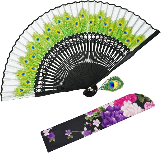 EOSAU Hand Fans for Women Foldable - Bamboo Silk Folding Fan Handheld, Fans for Line Dancing Wedding, Portable Bridal Party Favor, Elegant Church Performance Gift (Peacock Grey)