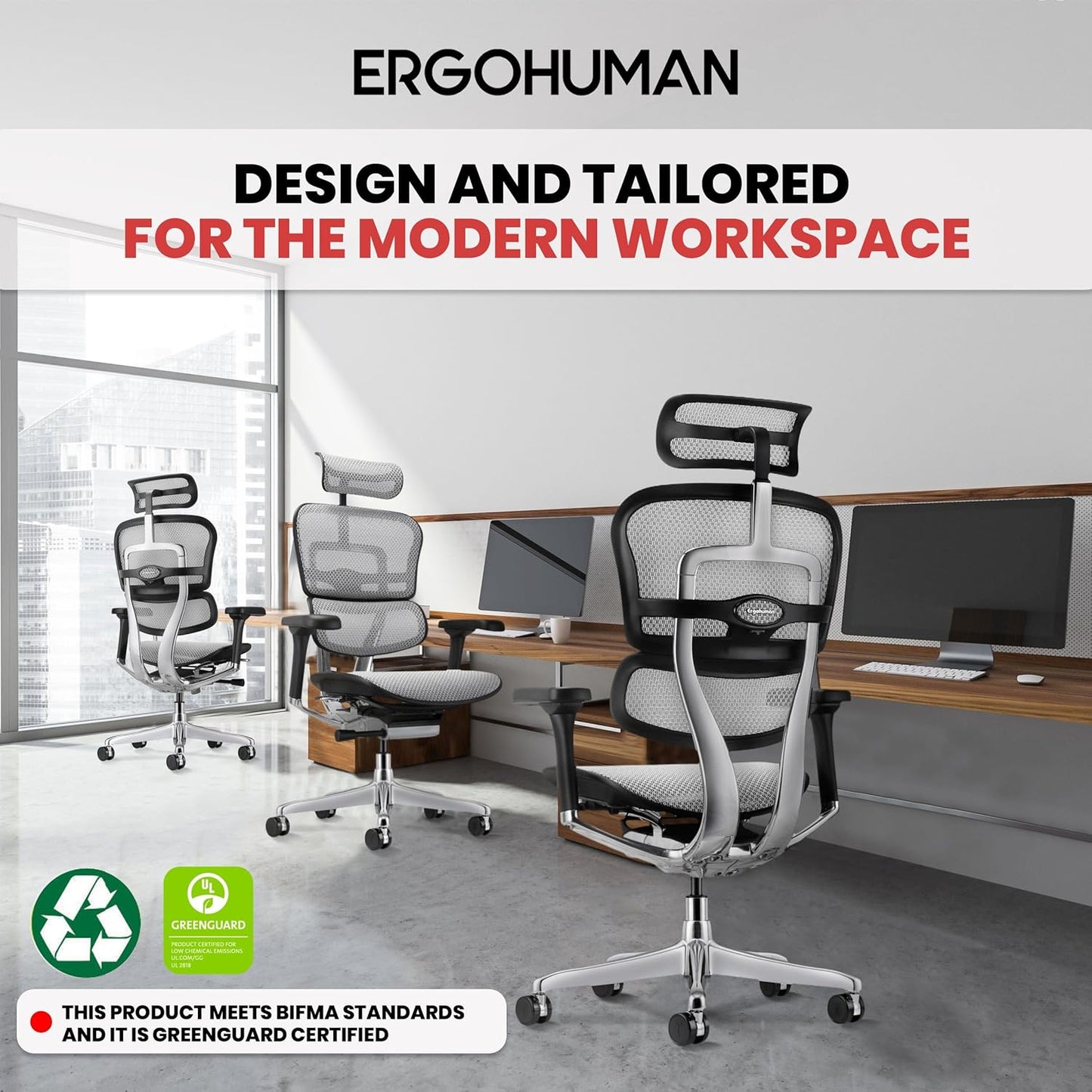 Ergohuman Eurotech ME7ERG GEN2 High Back Mesh Office Chair with Tilt Tension Control, Tilt Lock, Back Angle, Back Height, Synchro Tilt, Seat Height, Seat Depth, and Arm Height Adjustments, Grey