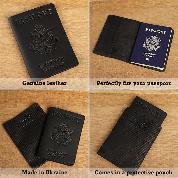 US Leather Passport Book Cover - Thin American Travel Passport Holder - Premium International USA Passport Protector Case for Women Men (Black Vintage New)