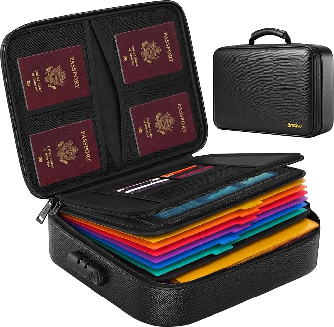 Fireproof Document Box with Lock, 13-Folder File Organizer Bag | 13 accordion folders for passports, certificates, cash & important documents, ideal for home office travel storage