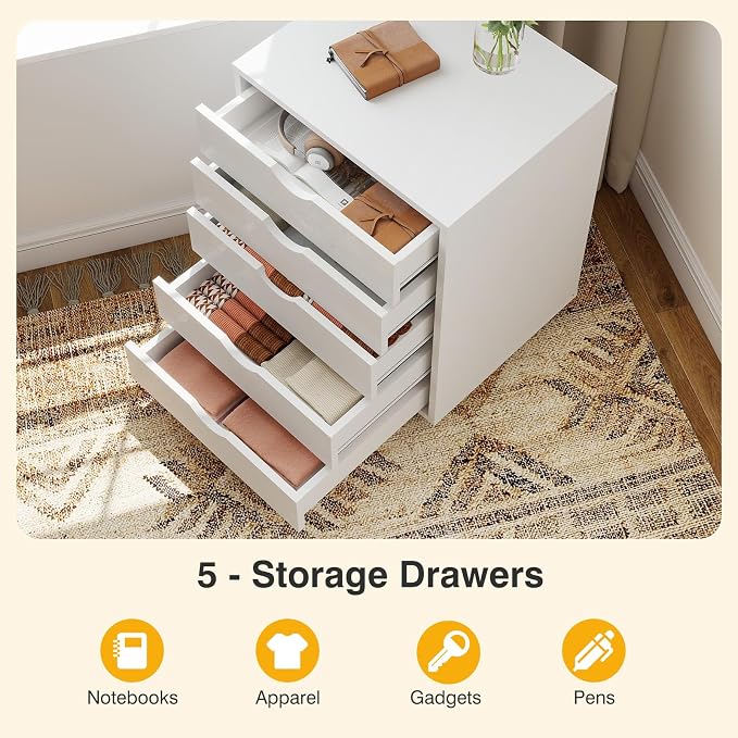 OLIXIS 5 Drawer File Cabinet, Under Desk with Storage Cabinet | Wood Under Desk Storage Organization Holds Printer, Office Supplies, Not For Hanging Files, Fit Home Office White
