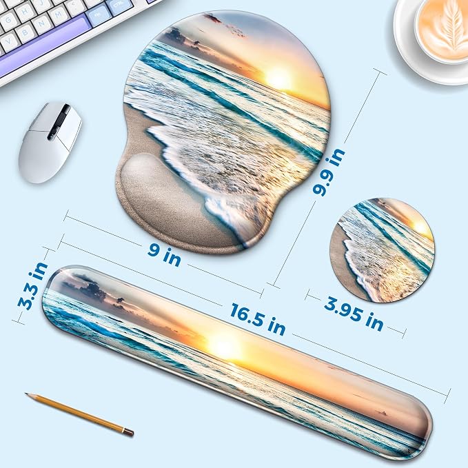 Mouse Pad and Keyboard Wrist Rest Support,Ergonomic Mouse Pad Set | Mousepad With Coaster and Non-Slip PU Base,Pain Relief for Desk Desktop Gaming, Computer,Office -Beach