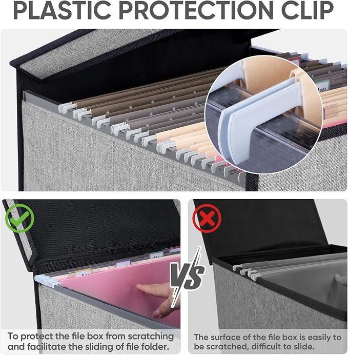 BALEINE File Organizer Box with Lid, Collapsible Hanging File Storage Box | Smooth Plastic Rails, Textured Fabric Exterior, Collapsible Hanging File Folder Box for Office Document Storage