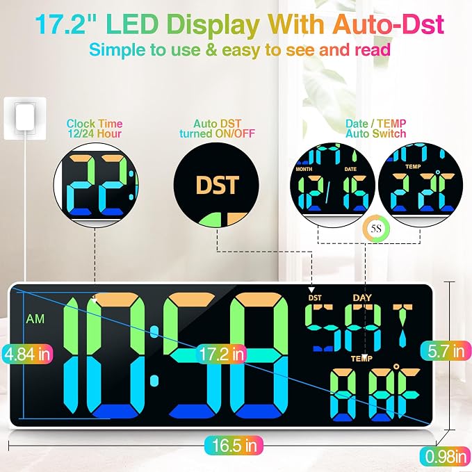 17.2" Large Digital Wall Clock 10 RGB Colors 9 Group Timer Remote Control | Large Display for Living Room Classroom Garage LED Wall Clock with Temperature Date Week Auto DST Gift for Senior Mom Dad