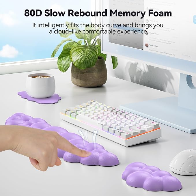 TECKNET Cloud Keyboard Wrist Rest Set, Cloud Wrist Rest with Non-Slip Base, PU Leather Wrist Pad for Keyboard with Ergonomic Memory Foam for Computer Laptop Office Gaming and Pain Relief, Purple